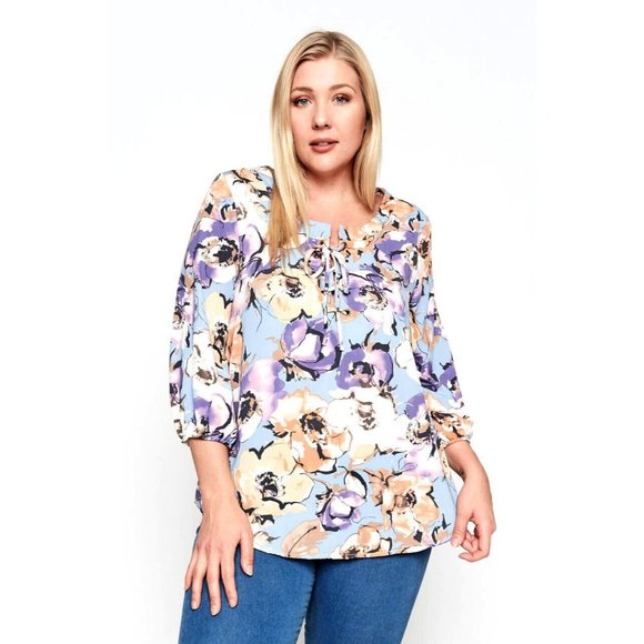 BOHO POET SLEEVE LACE UP CREPE TOP PLUS SIZE TUNIC PURPLE ROSE FLORAL 1X 16 18 - Picture 2 of 2